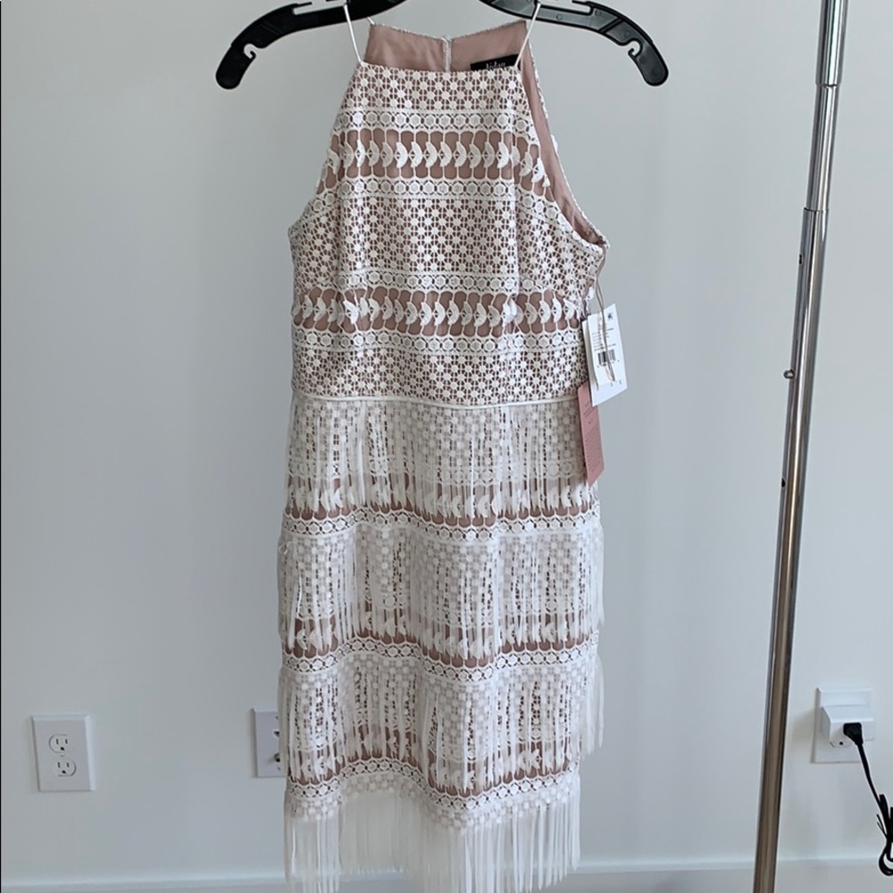 Aidan mattox white lace and fringe dress